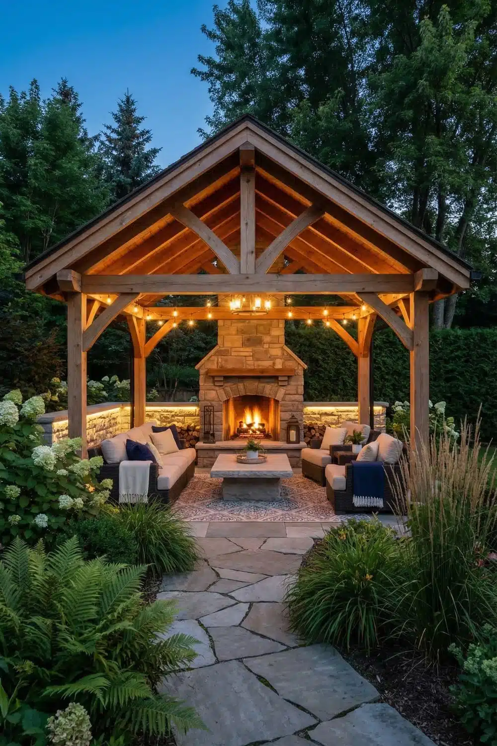 Backyard Gazebo with Flagstone Path and Patterned Rug