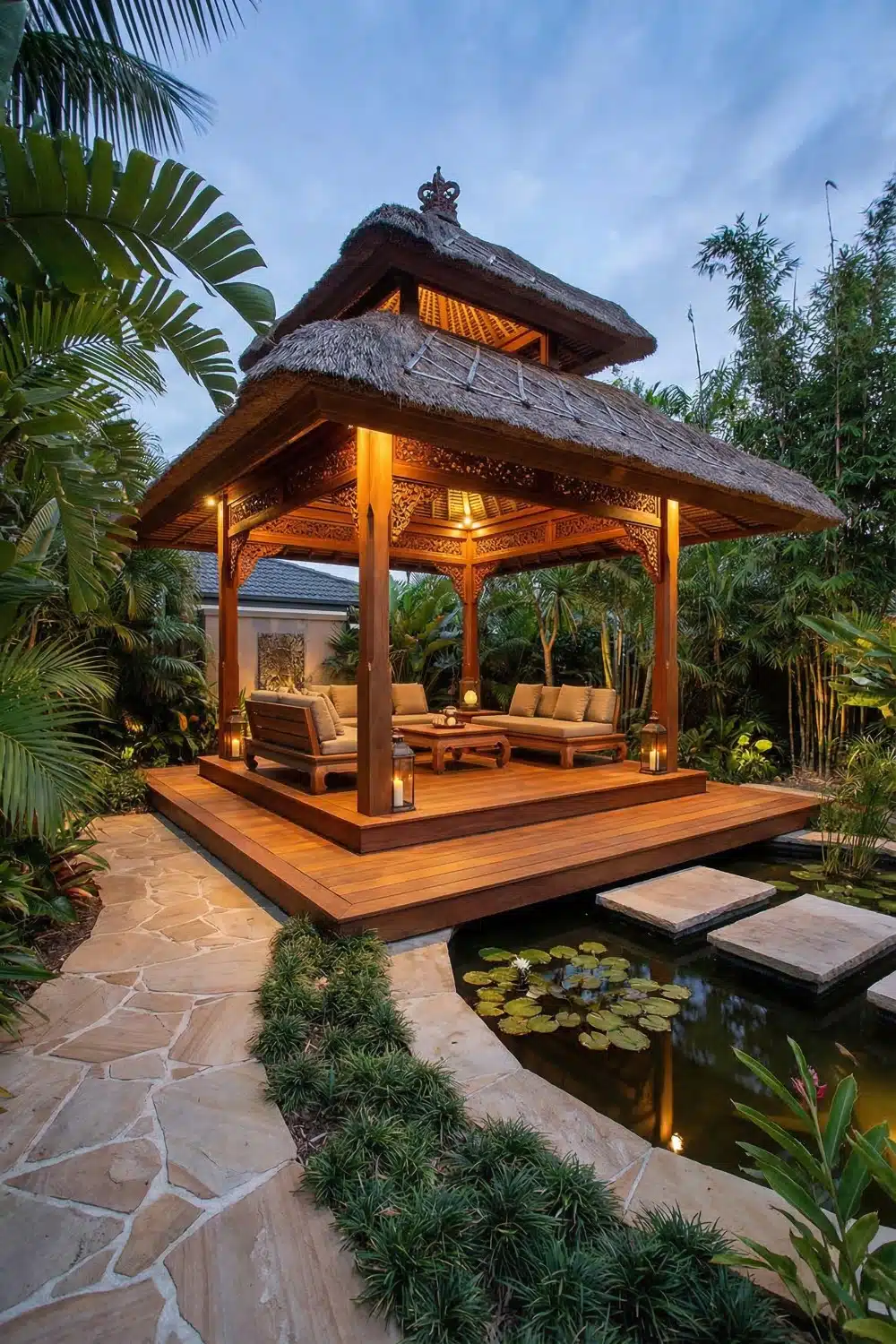 Backyard Gazebo with Thatched Roof and Ornate Carvings
