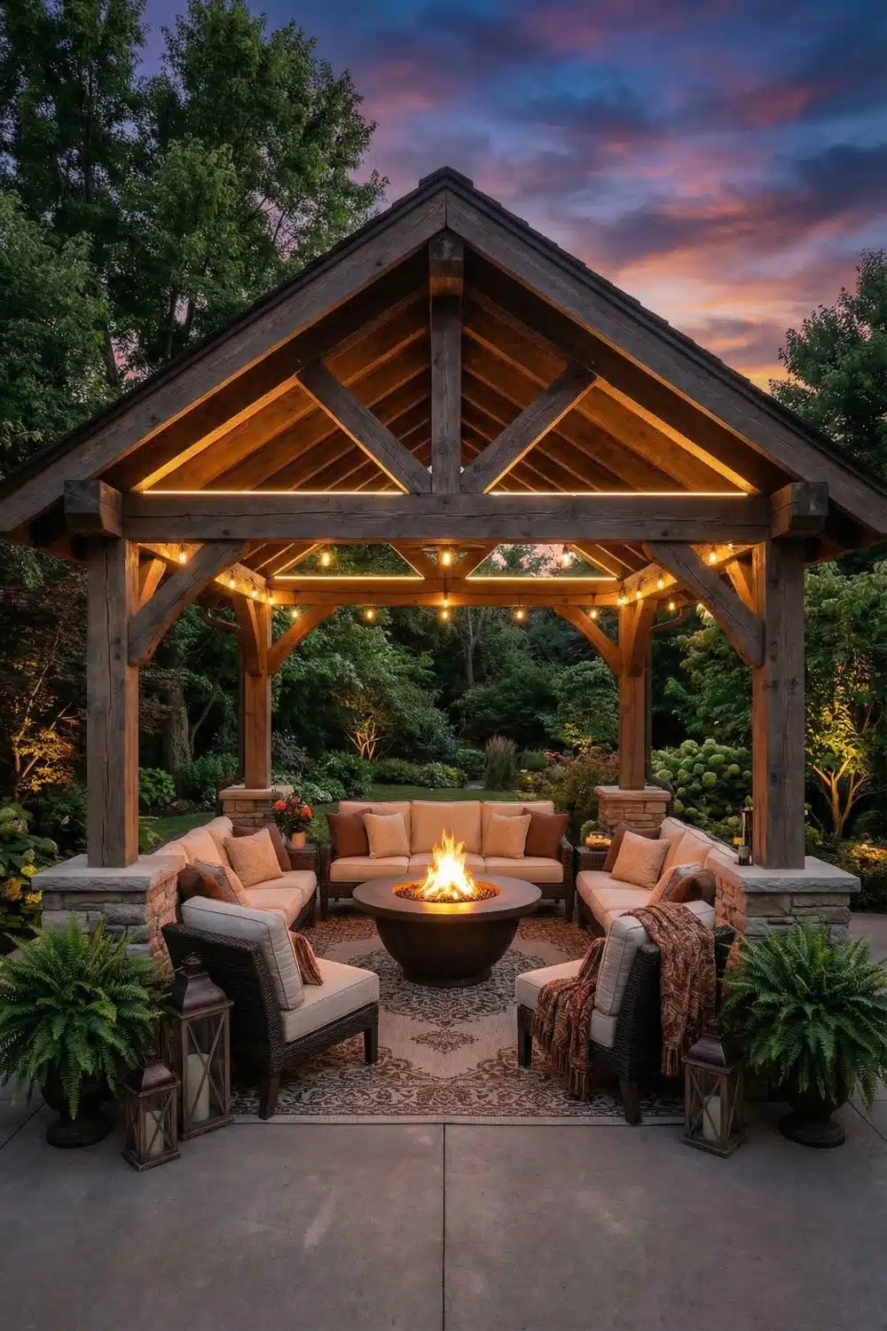 Timber Framed Backyard Gazebo with Circular Fire Pit