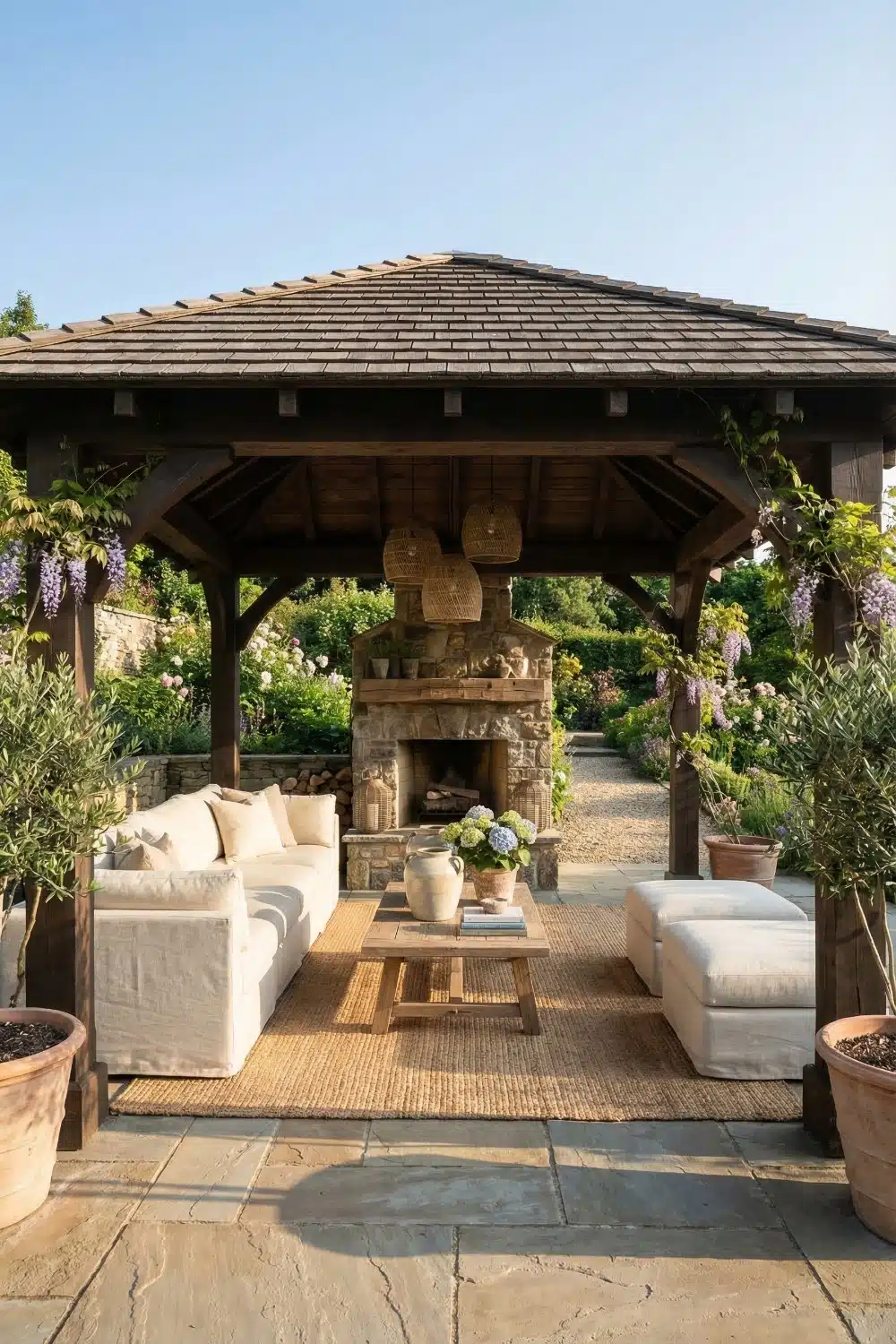 Backyard Gazebo with Climbing Wisteria and Woven Pendants