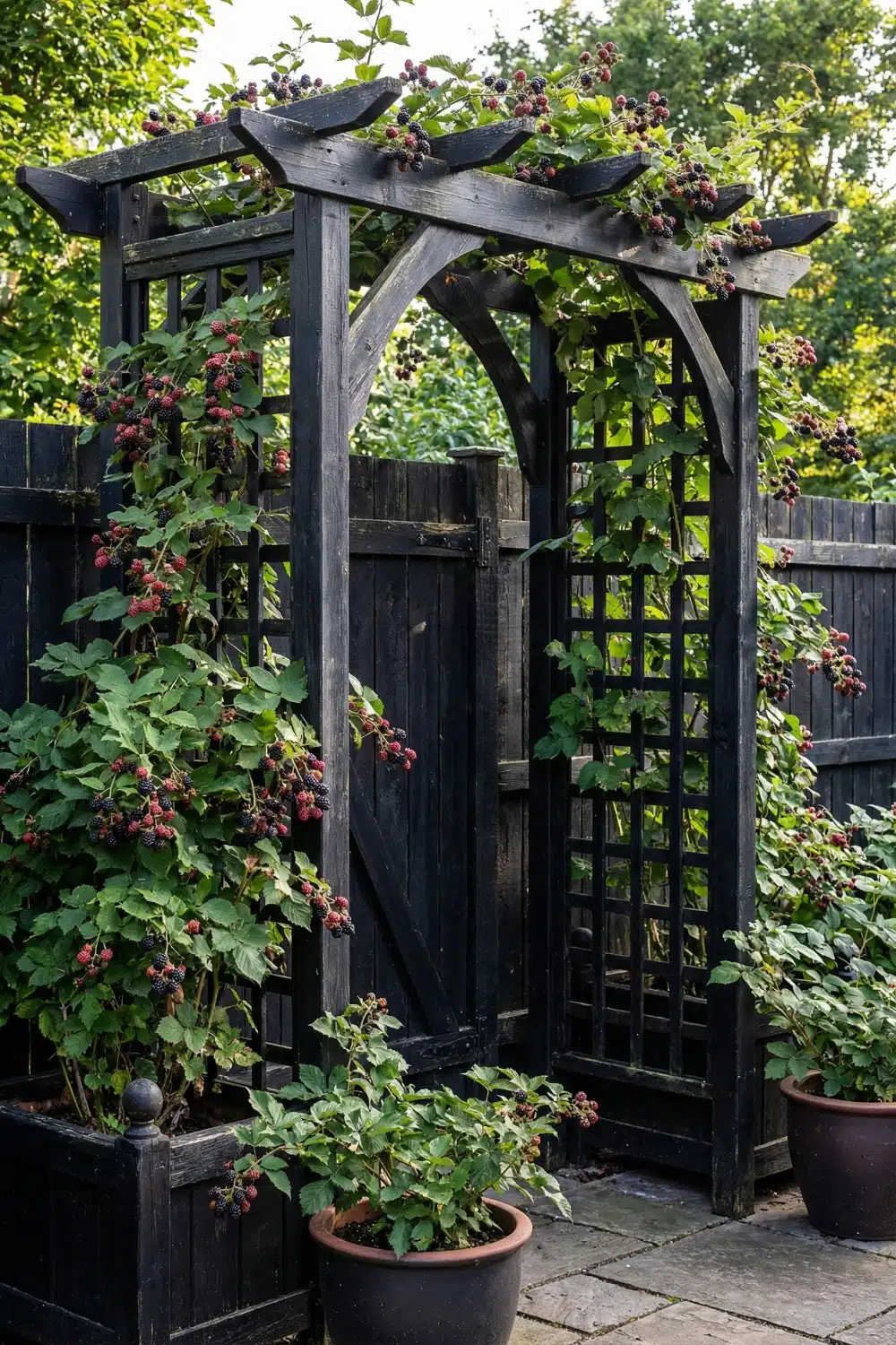 Black wooden blackberry trellis and matching planters