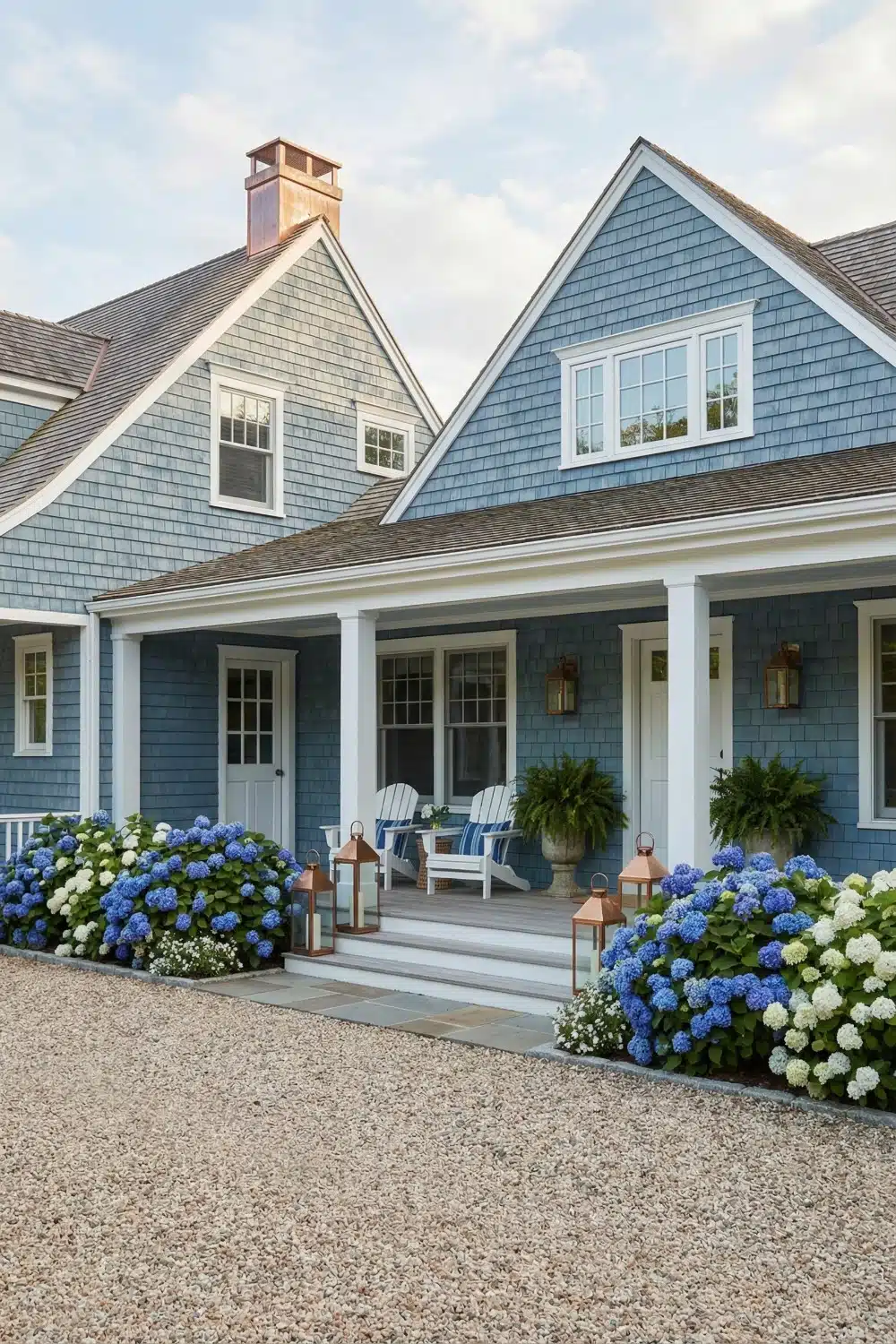 Blue Cape Cod House Exterior with Adirondack Chairs