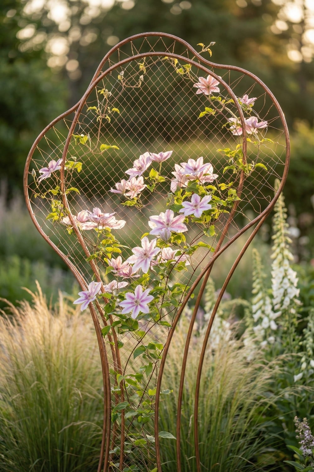 Wavy copper clematis trellis with striped petals
