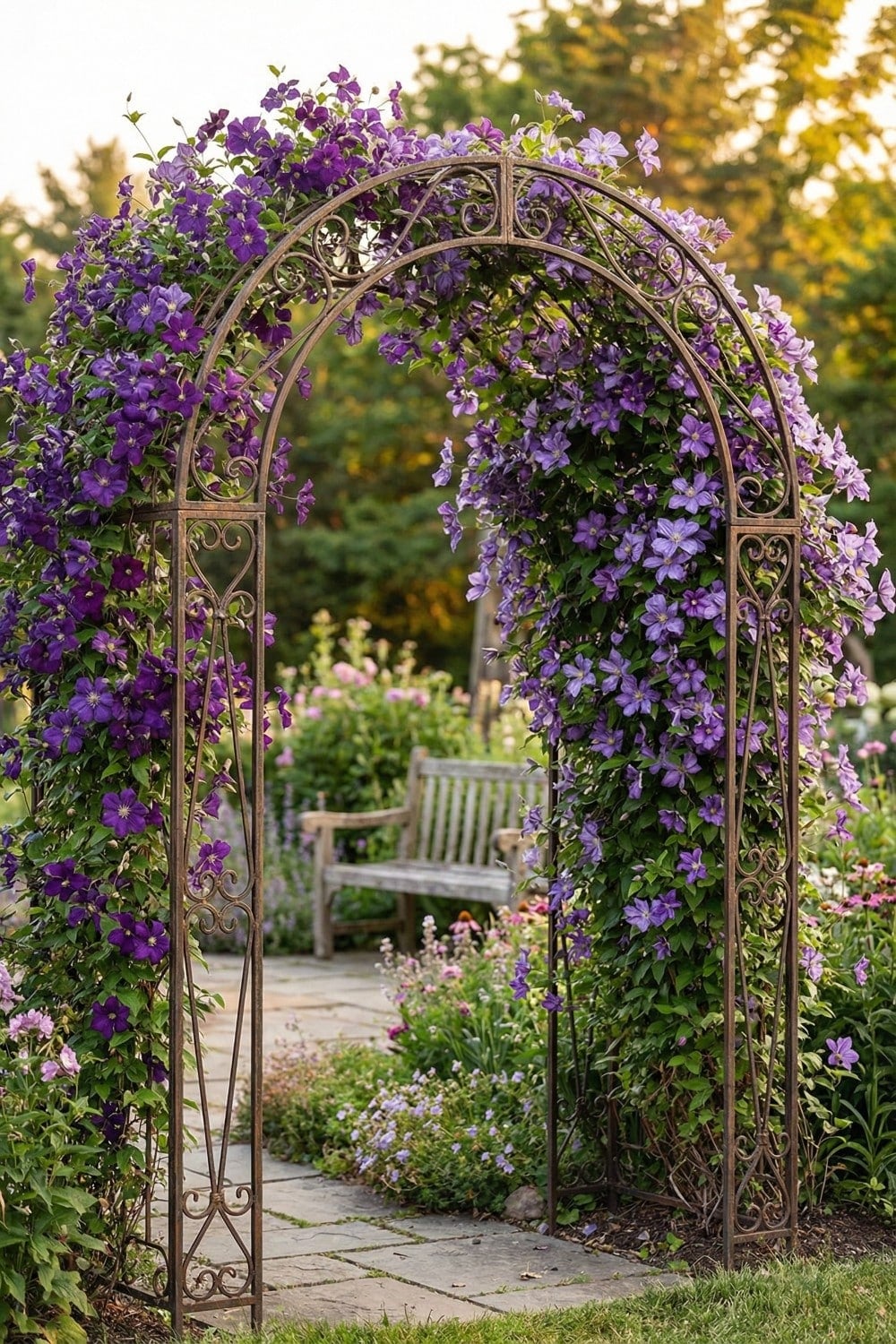 Wrought iron clematis trellis with purple blooms