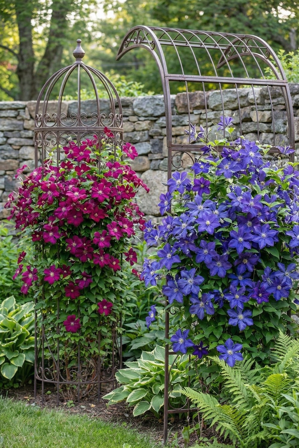 Ornate birdcage clematis trellis against stone wall
