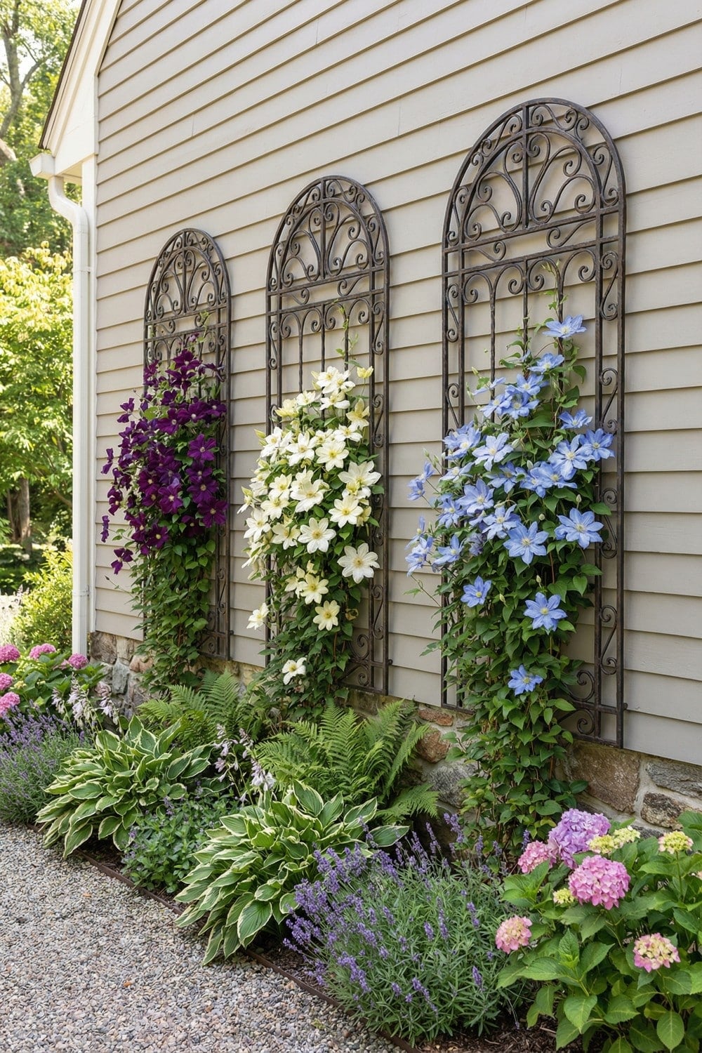 Trio of scrollwork clematis trellises with mixed flowers