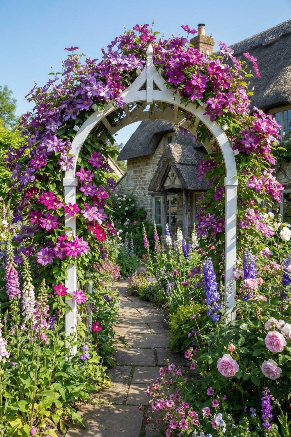Magenta clematis trellis over a cottage garden walkway