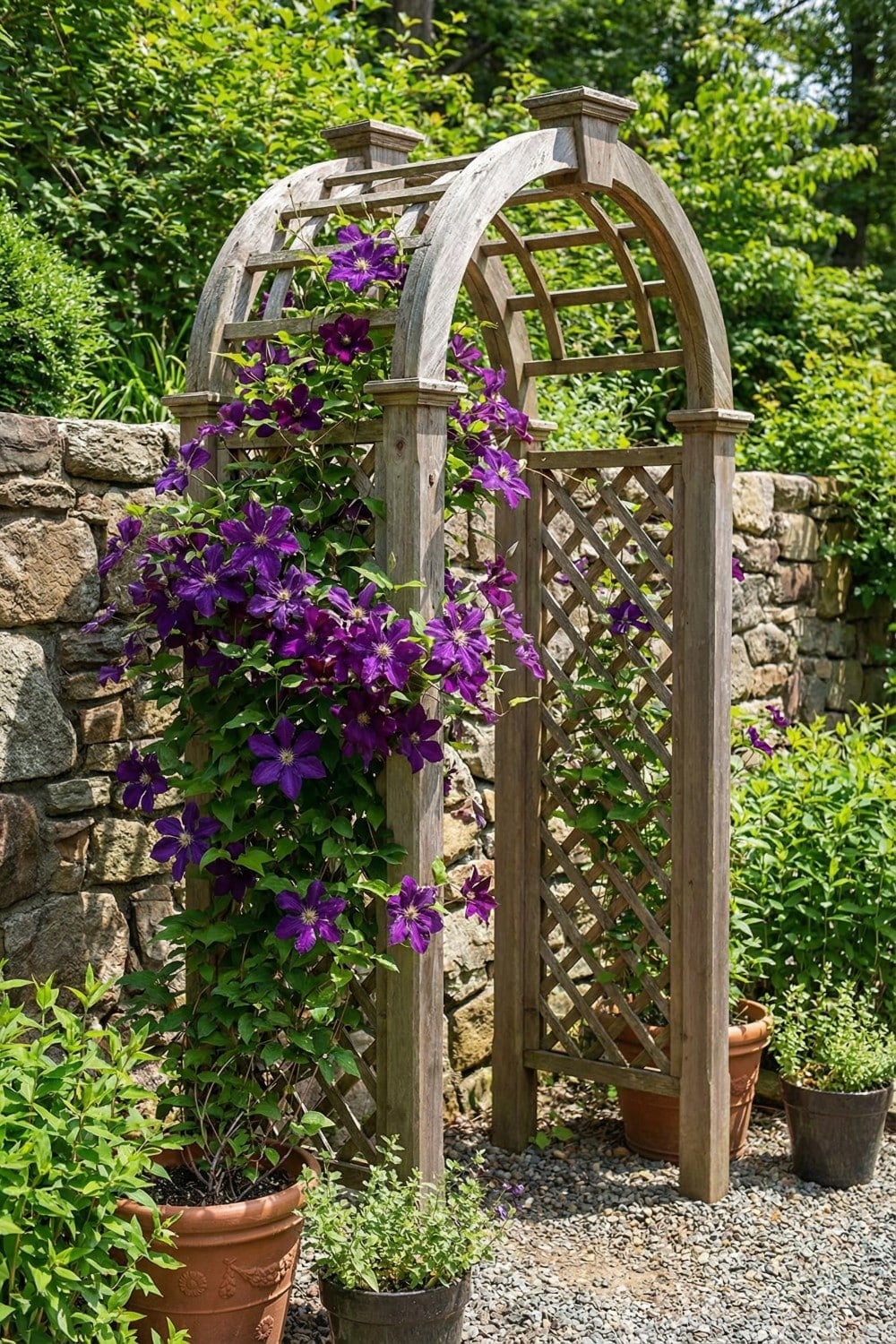 Rustic weathered arbor clematis trellis in containers