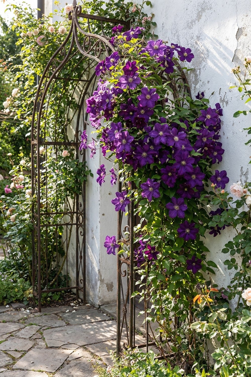 Antique metal clematis trellis along a flagstone path