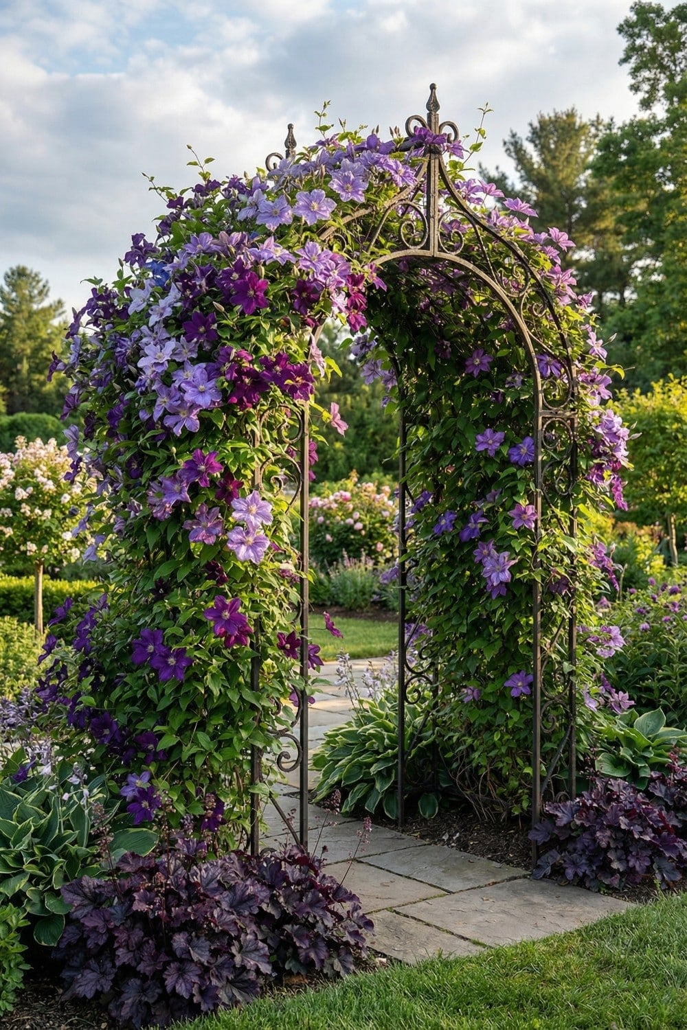 Gothic filigree clematis trellis with lavender flowers