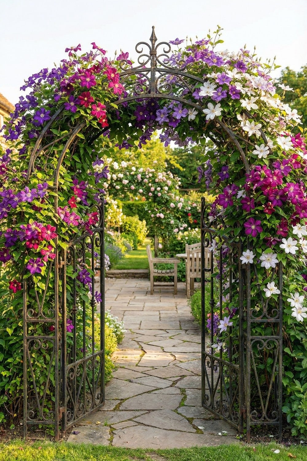 Gated clematis trellis with multicolored blossoms