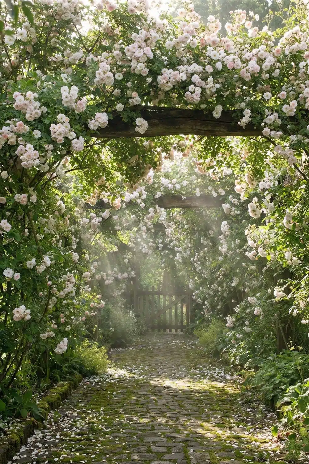 Misty Climbing Rose Trellis Tunnel and Garden Gate