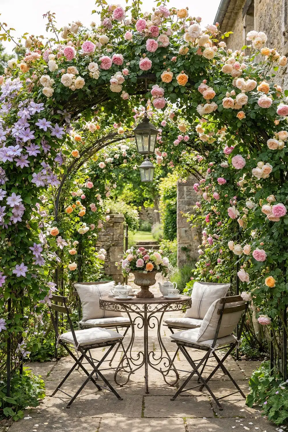 Climbing Rose Trellis with Hanging Lanterns and Clematis