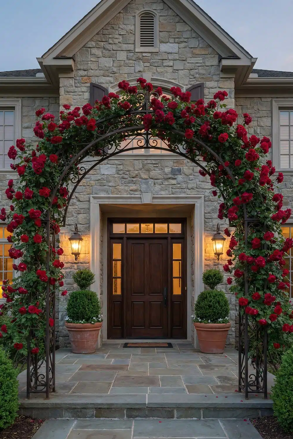 Red Climbing Rose Trellis and Symmetrical Potted Topiaries