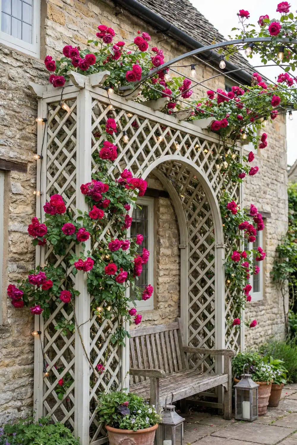 White Lattice Climbing Rose Trellis with String Lights