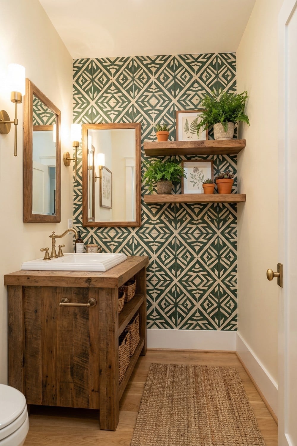 Geometric small bathroom accent wall with wood shelves