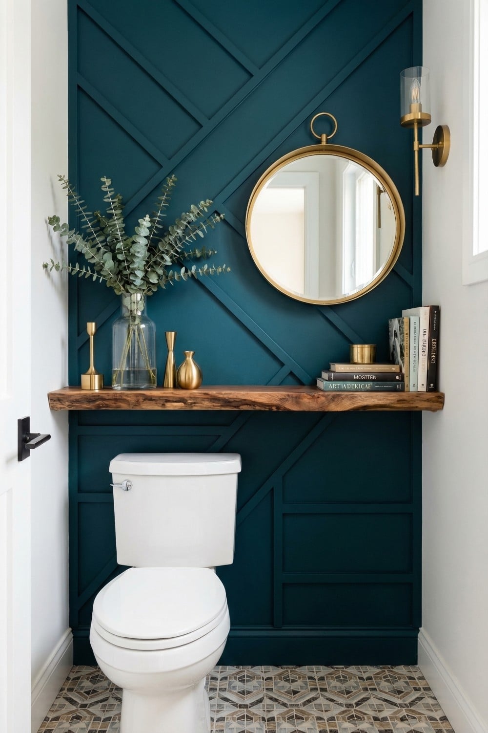 Criss-cross molding on moody small bathroom accent wall