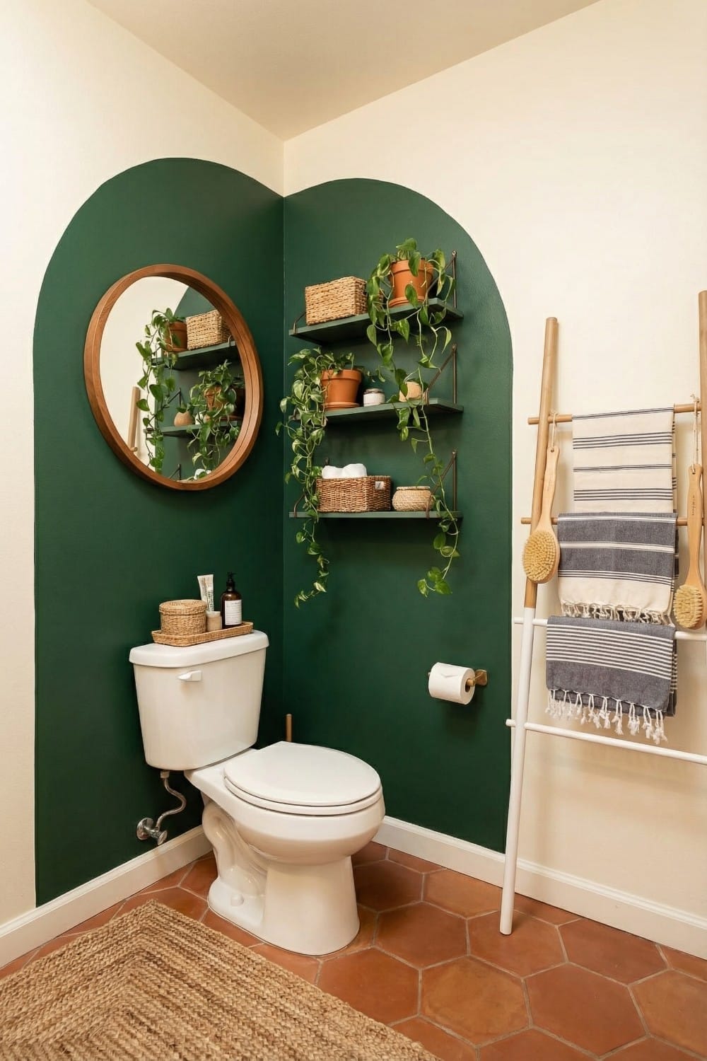 Painted forest green arches small bathroom accent wall