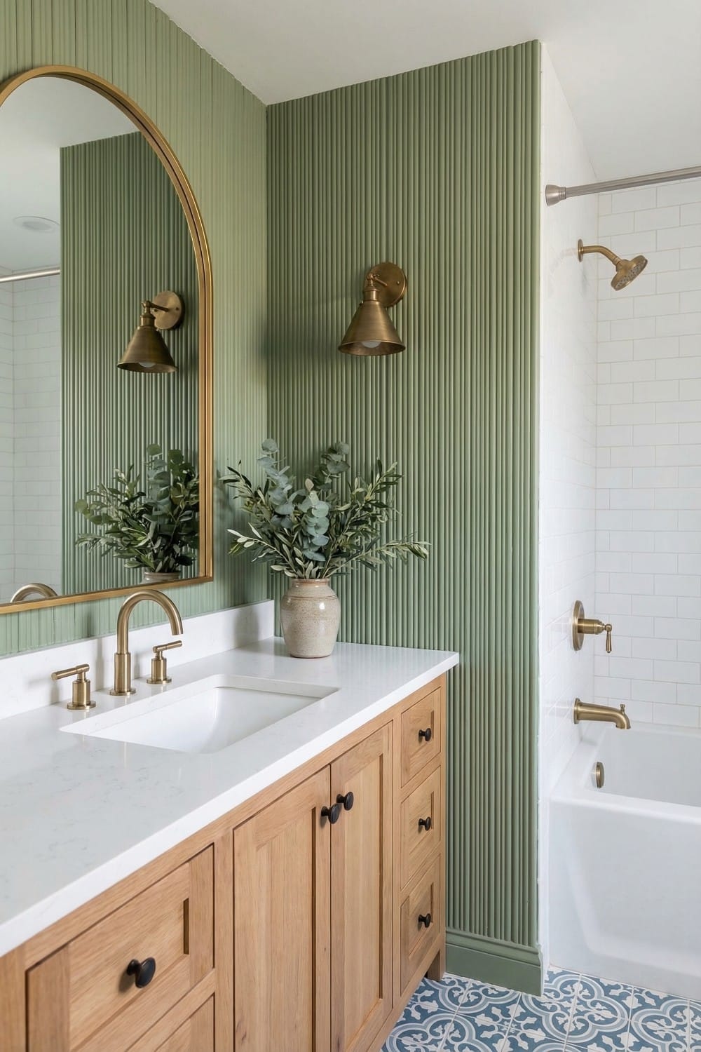Sage green fluted small bathroom accent wall