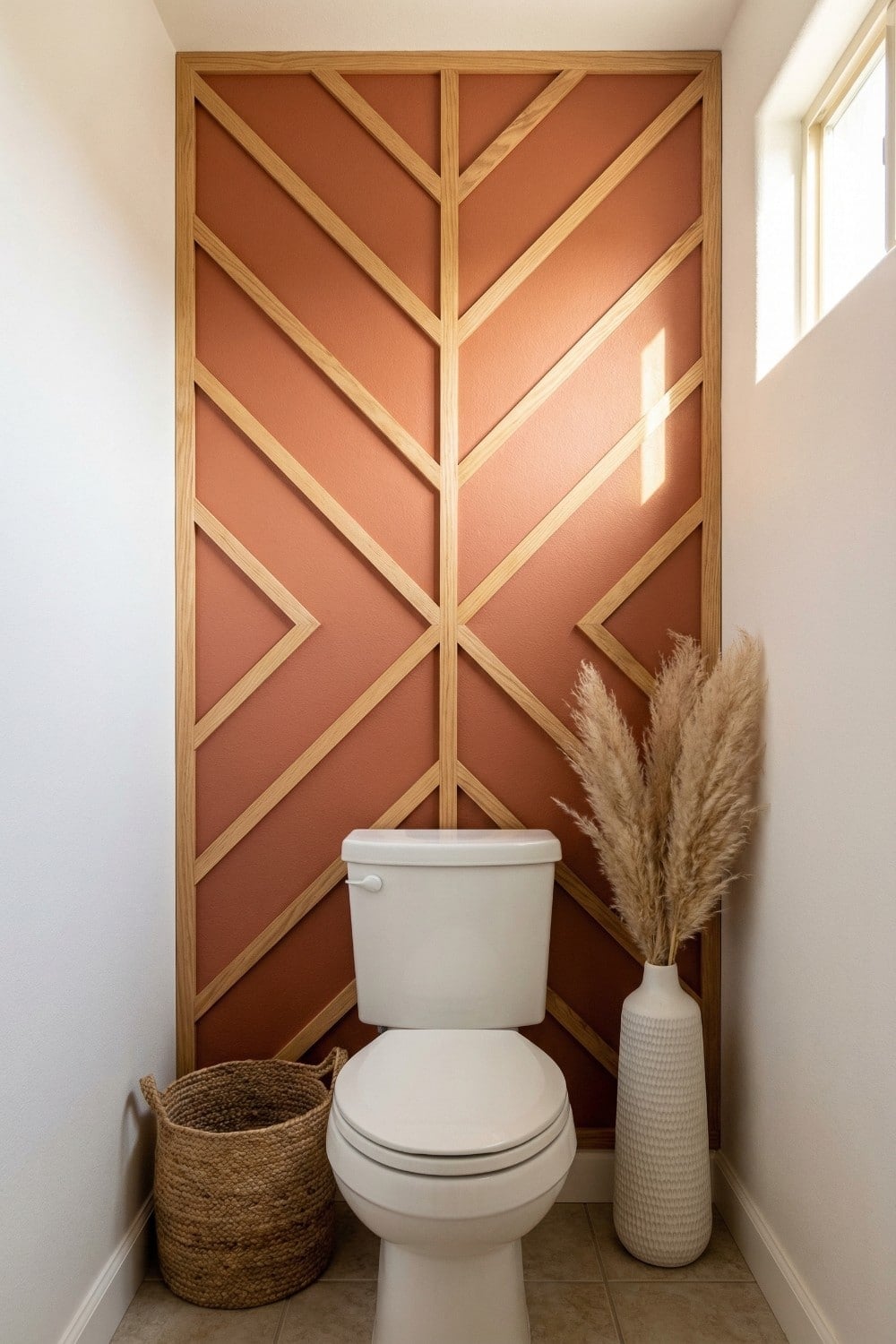 Terracotta small bathroom accent wall with pampas grass