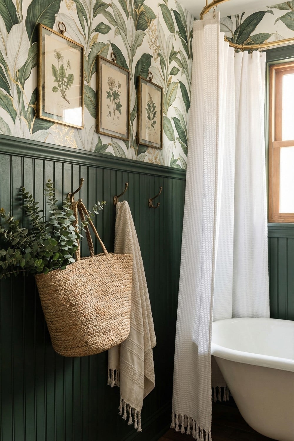 Botanical wallpaper and beadboard small bathroom accent wall