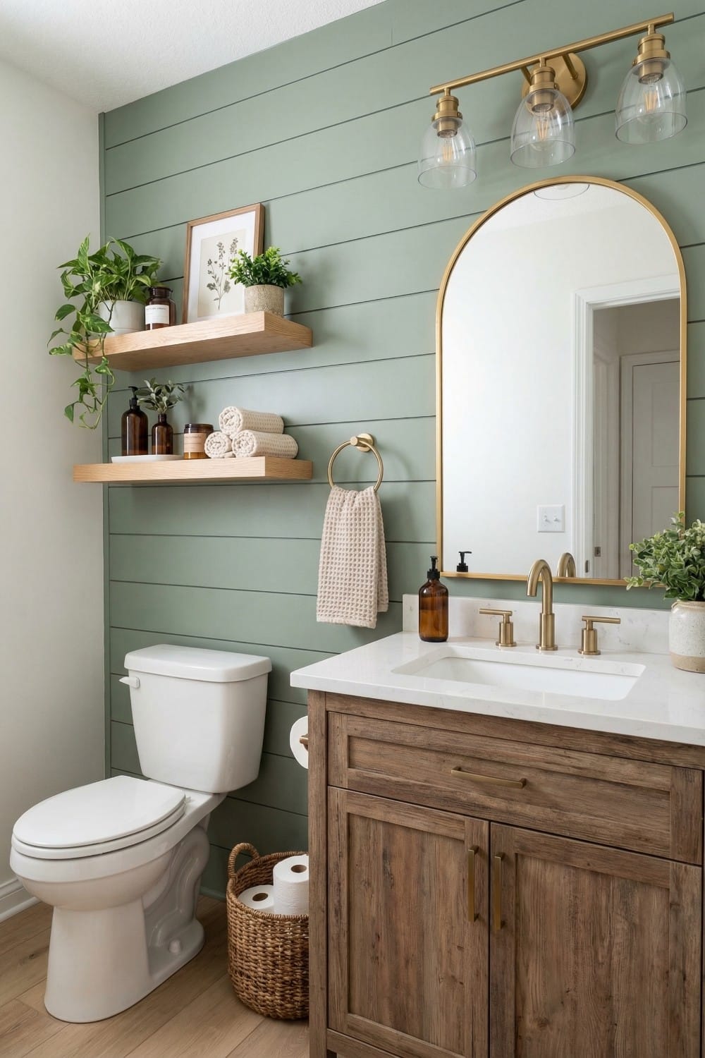 Green horizontal shiplap small bathroom accent wall