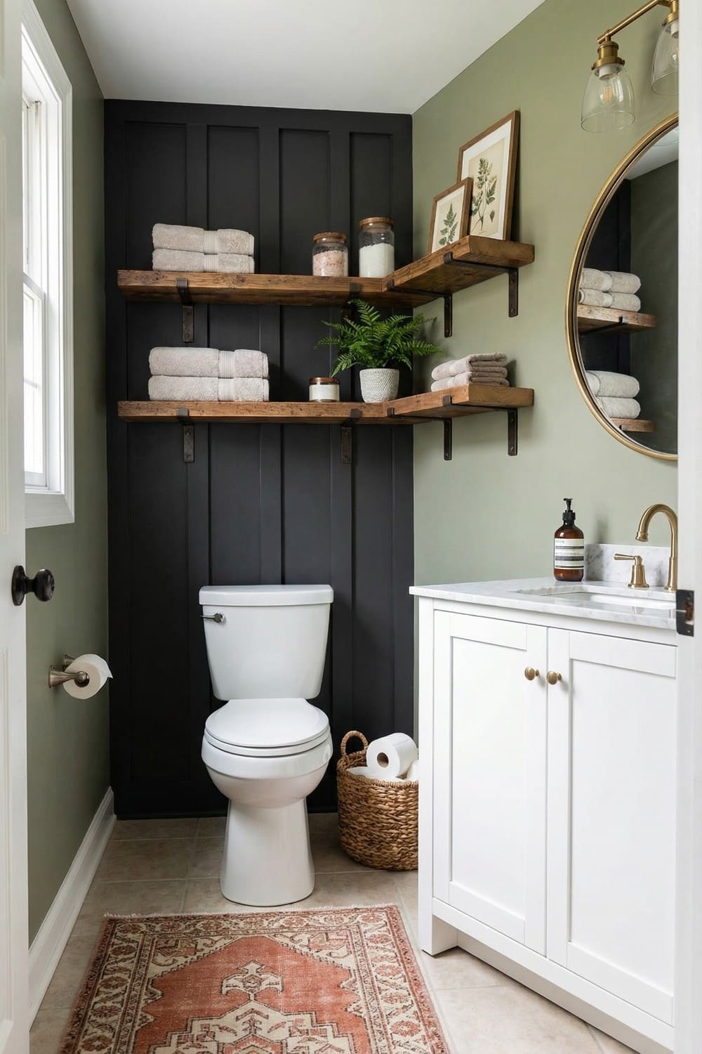 Black board and batten small bathroom accent wall