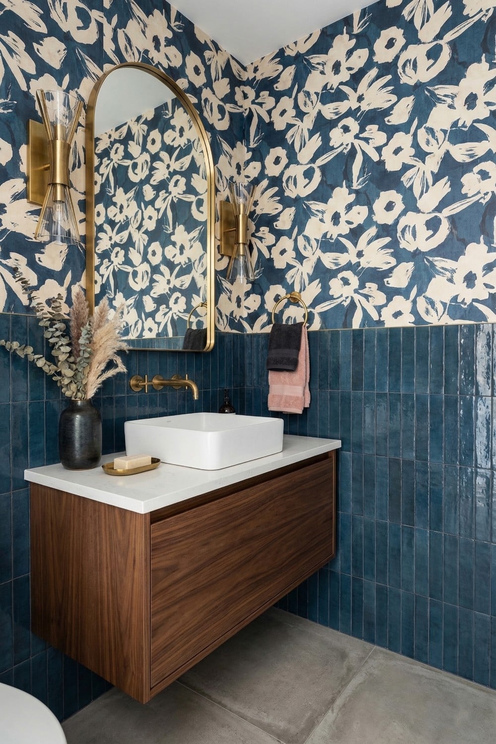 Teal vertical tile and floral small bathroom accent wall