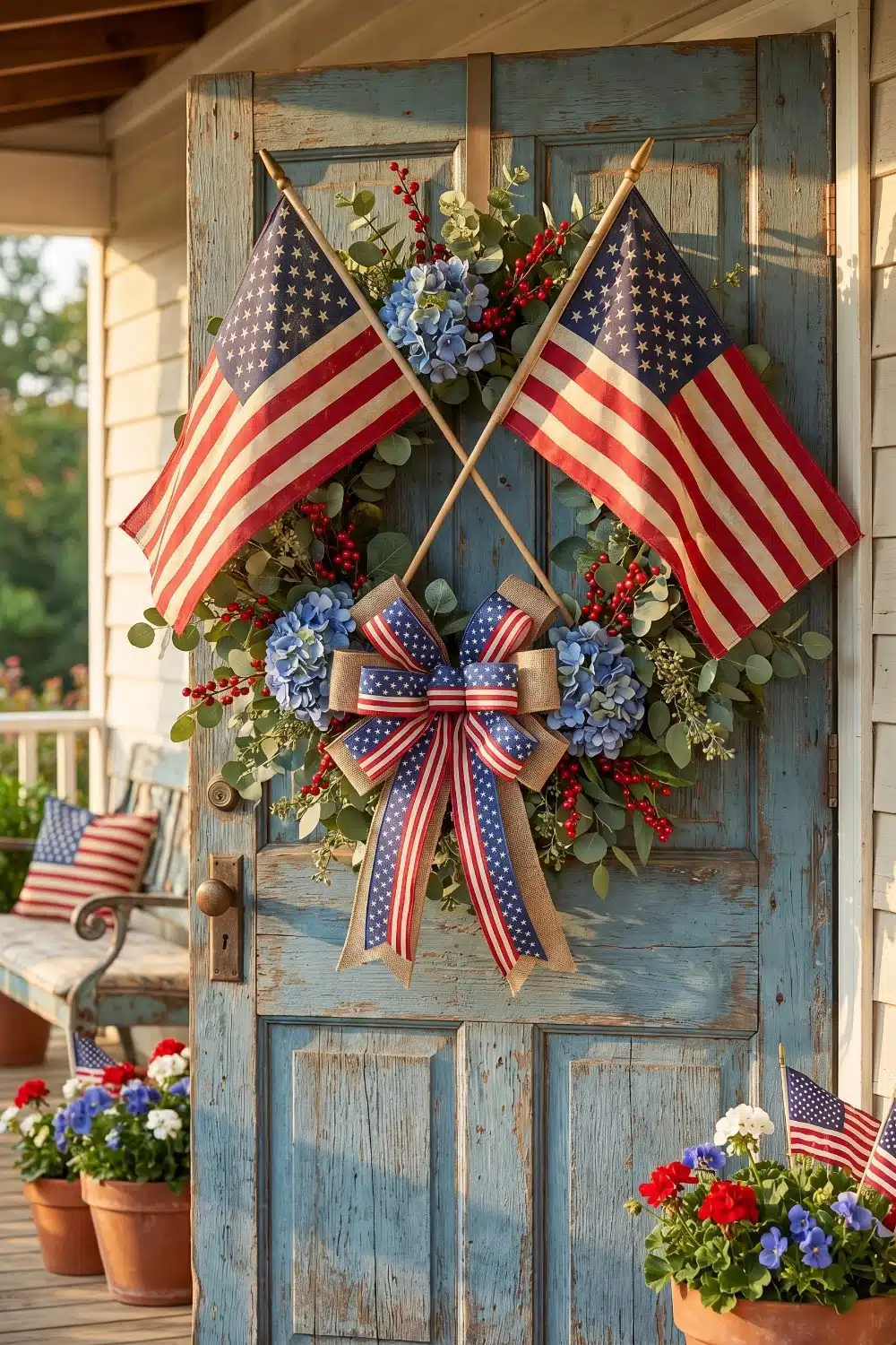Crossed flags 4th of July wreath with blue hydrangeas