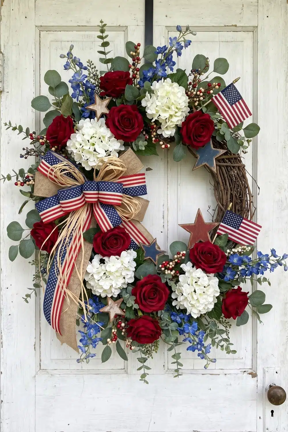 Red roses and eucalyptus 4th of July wreath
