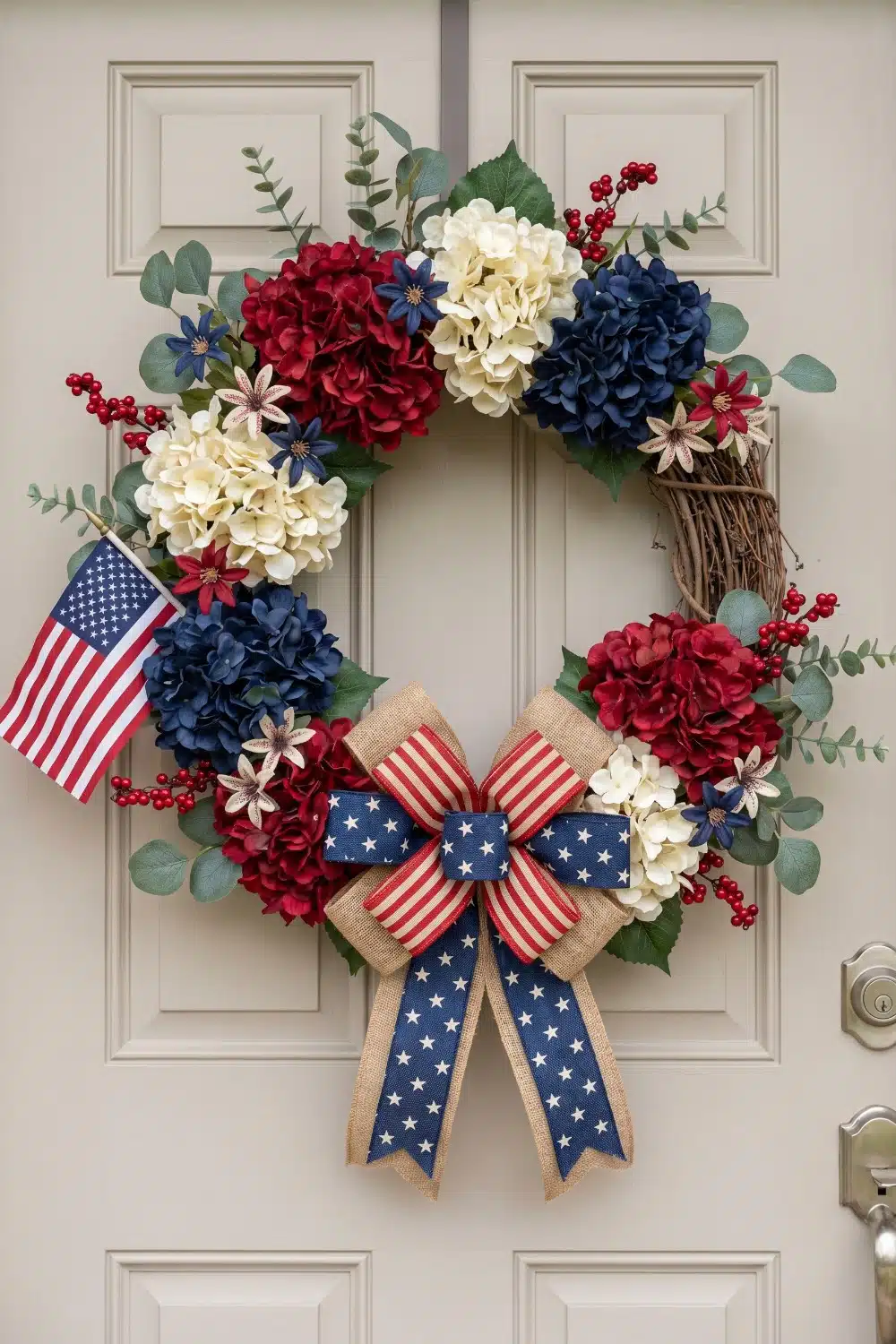 Hydrangea 4th of July wreath with berry sprigs