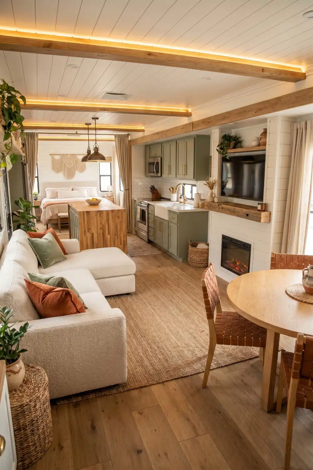 Sage Cabinets and Wood Beams in Class A RV