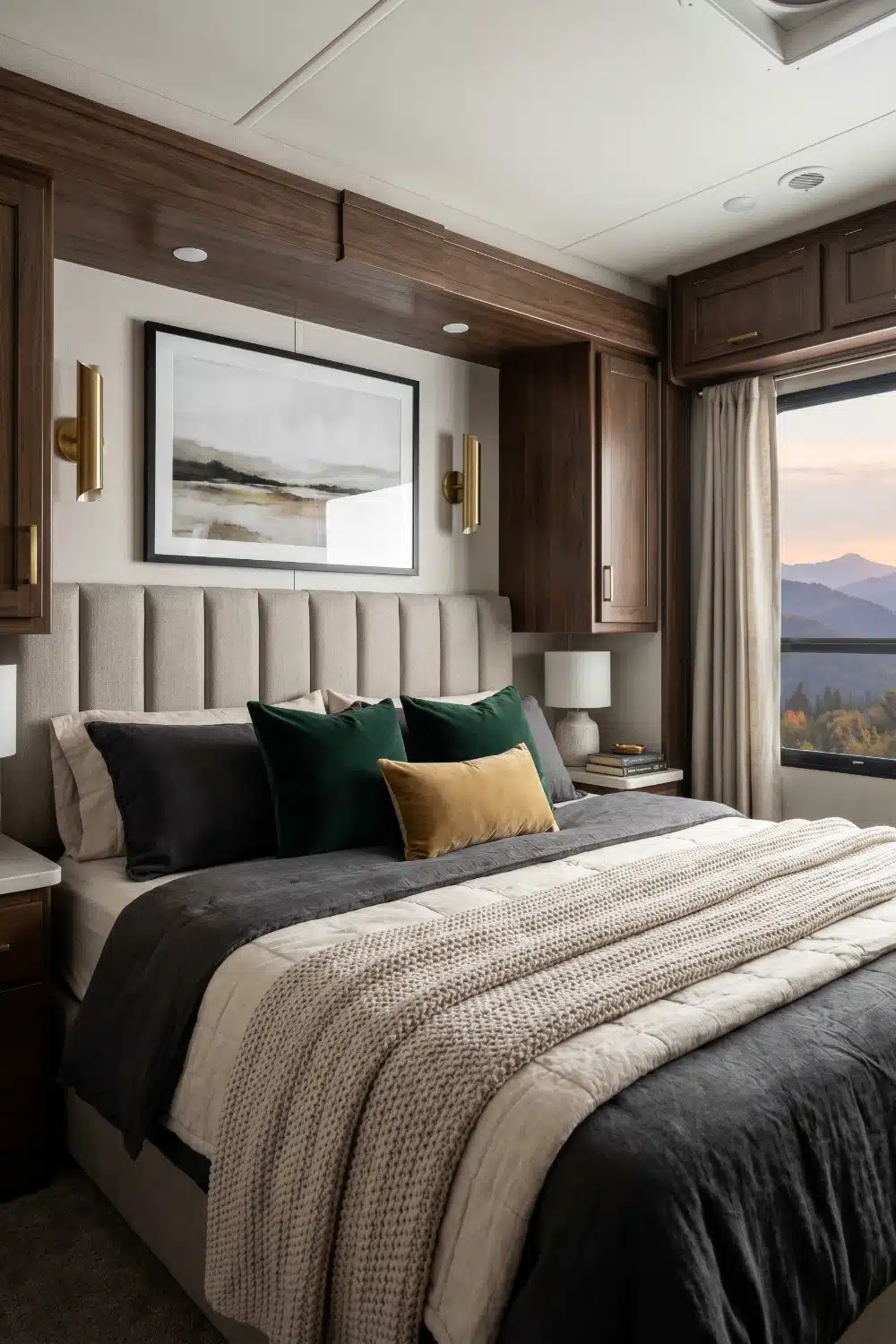 Channeled Headboard and Brass Sconces in Class A RV