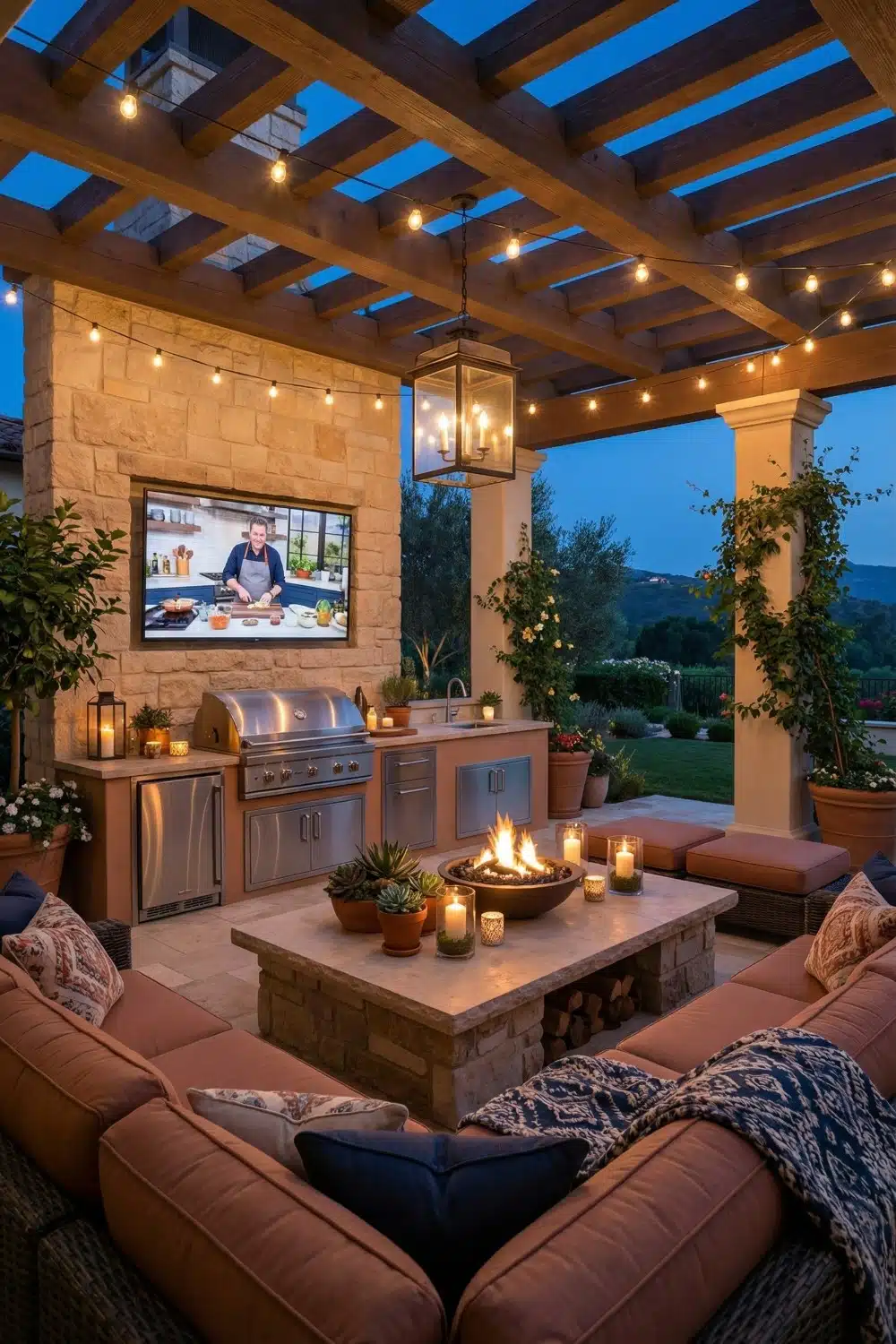 Outdoor TV on stone wall above the grill