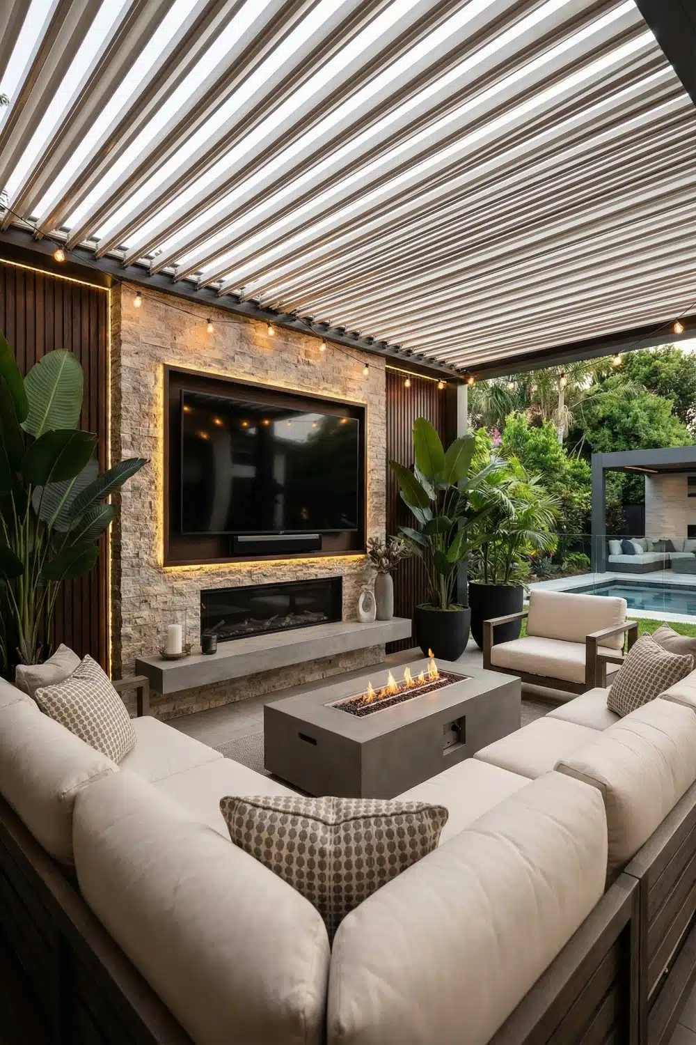 Backlit outdoor tv above modern fireplace