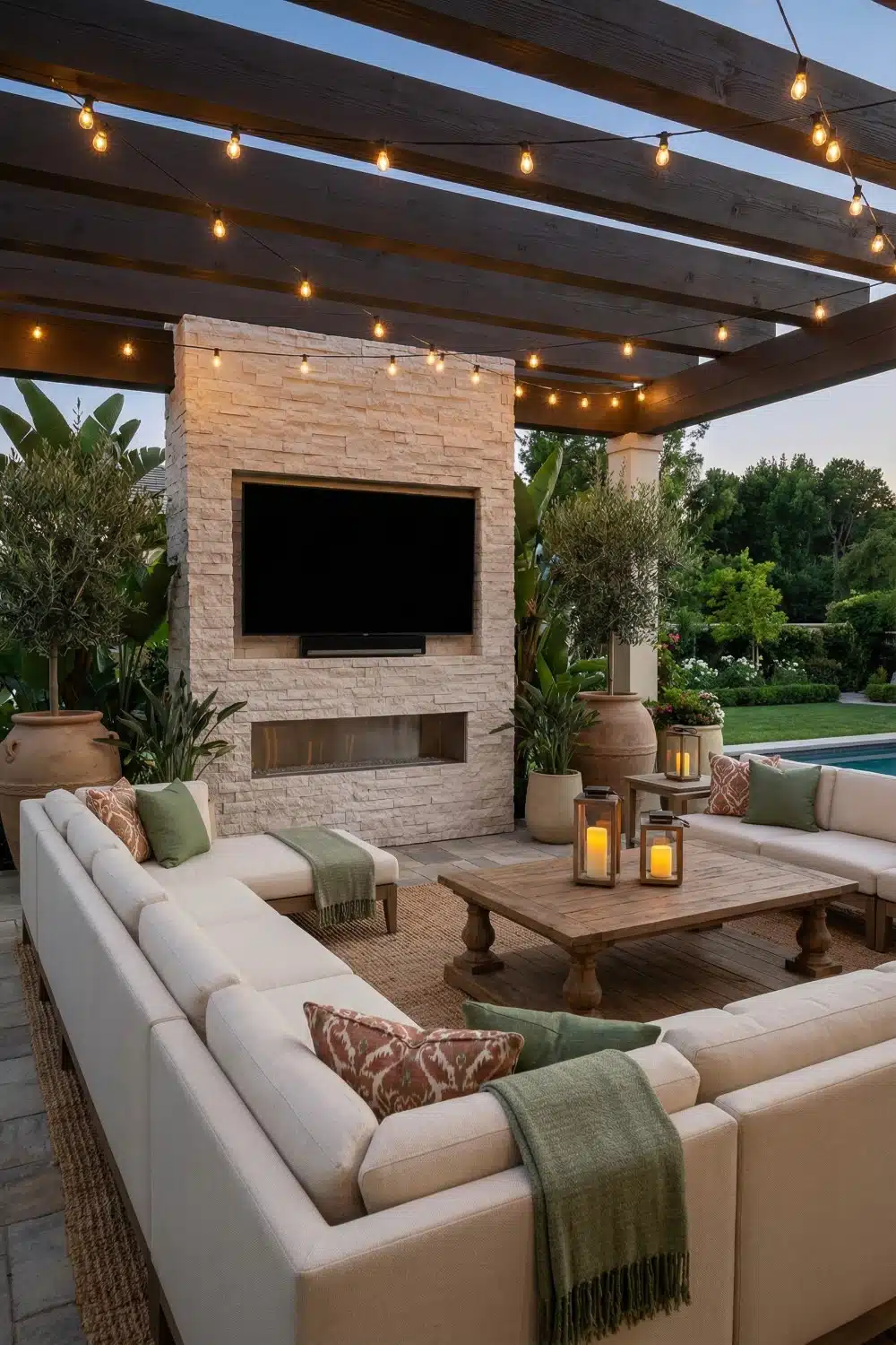 Outdoor TV under pergola with ambient string lights