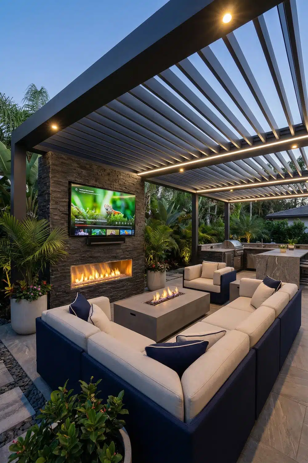 Outdoor TV with navy seating and louvered roof
