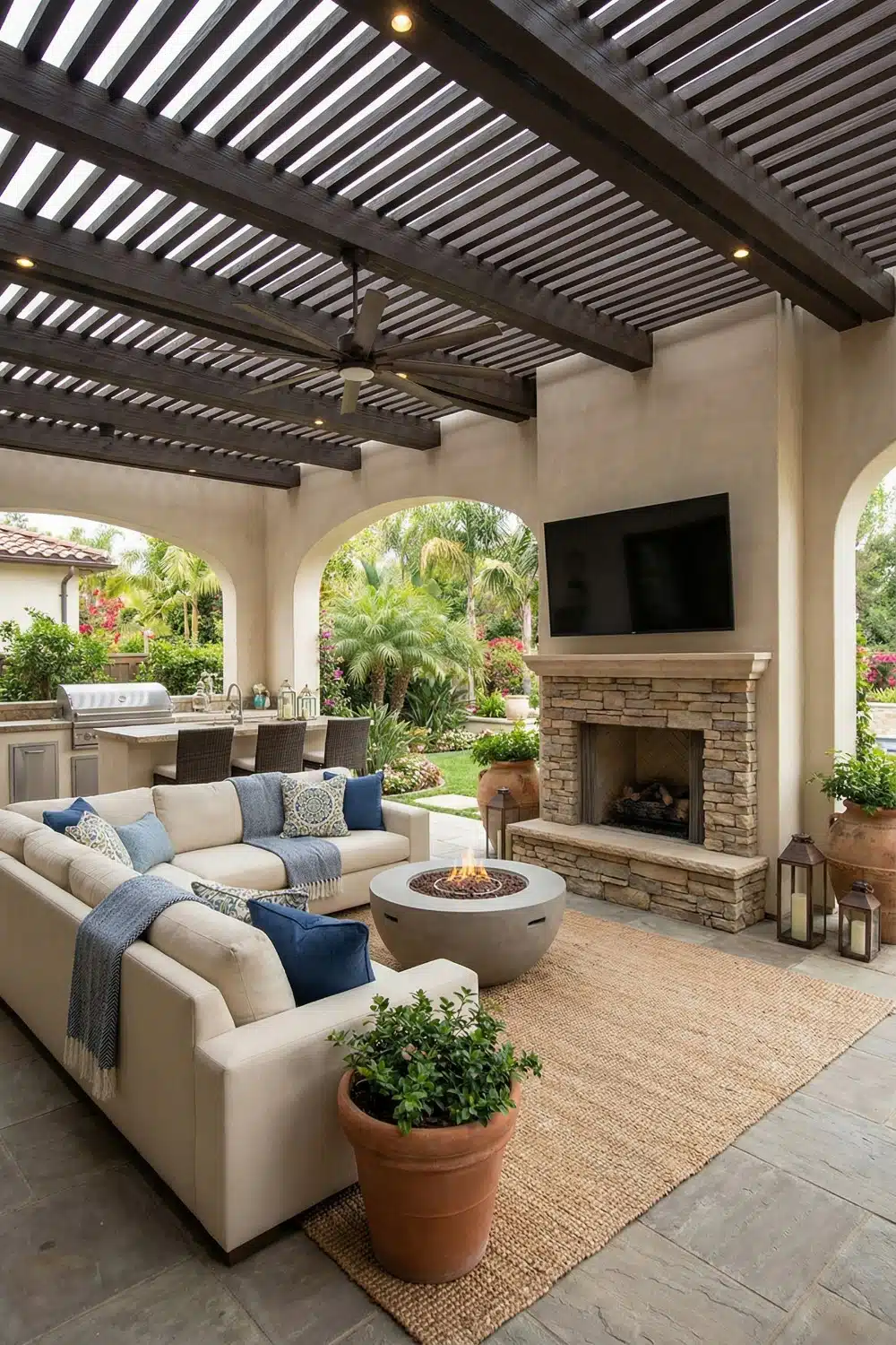 Outdoor TV in arched patio with cream sectional