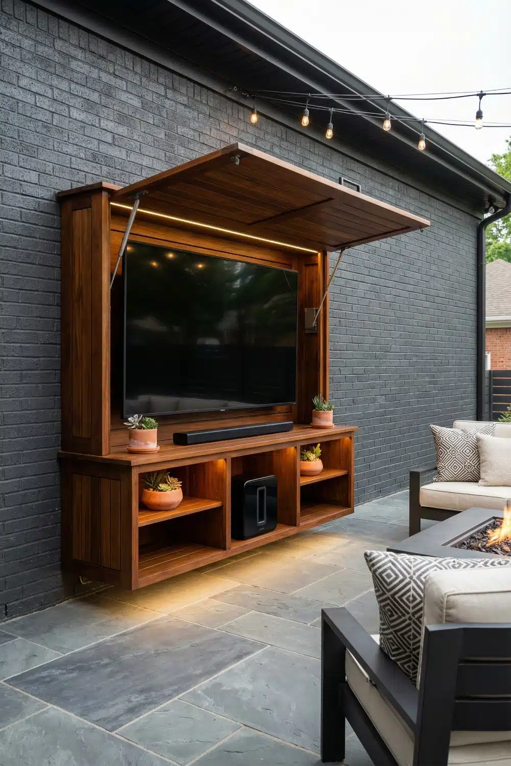 Outdoor tv in wood cabinet on dark brick