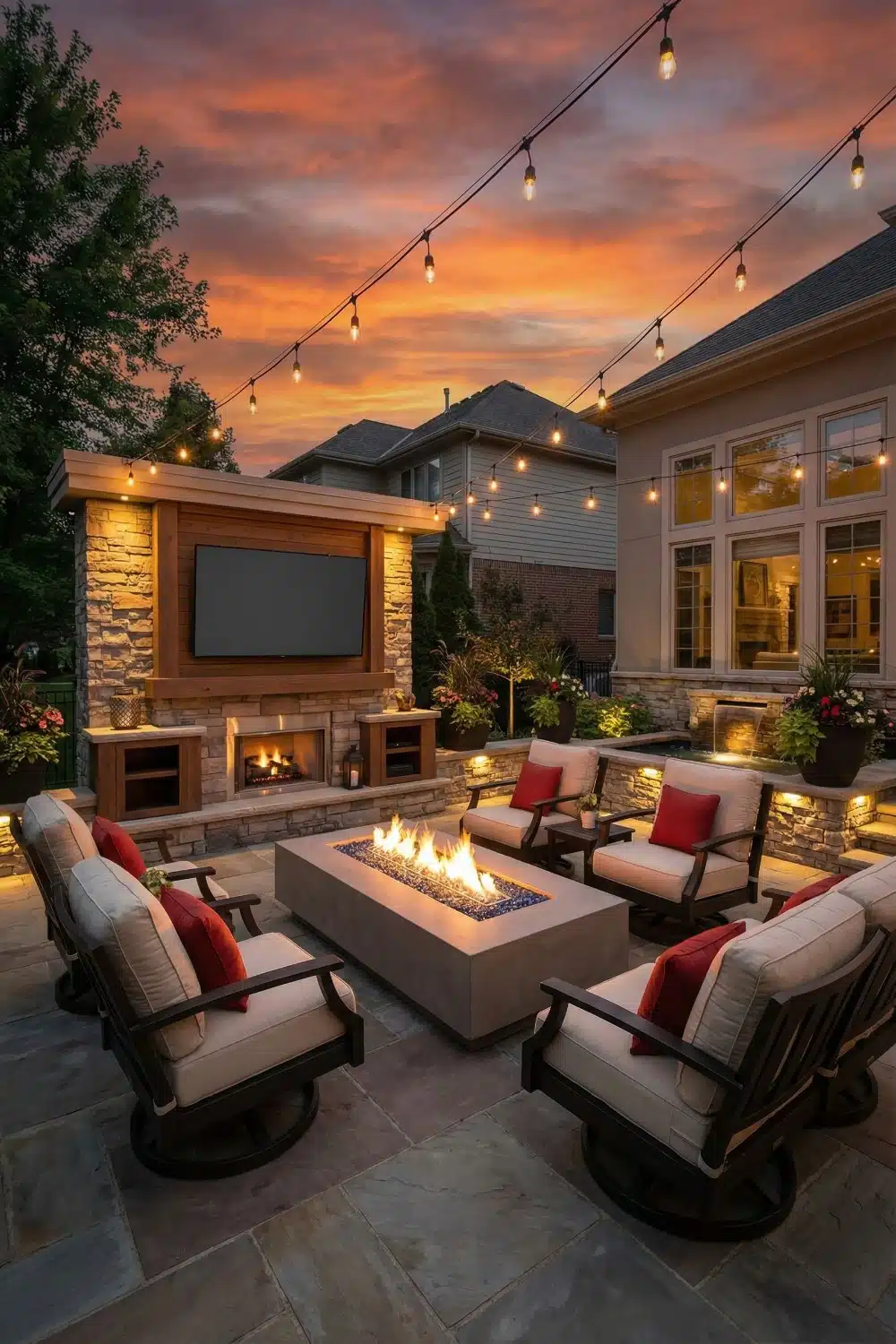 Outdoor TV with fire pit and red pillows