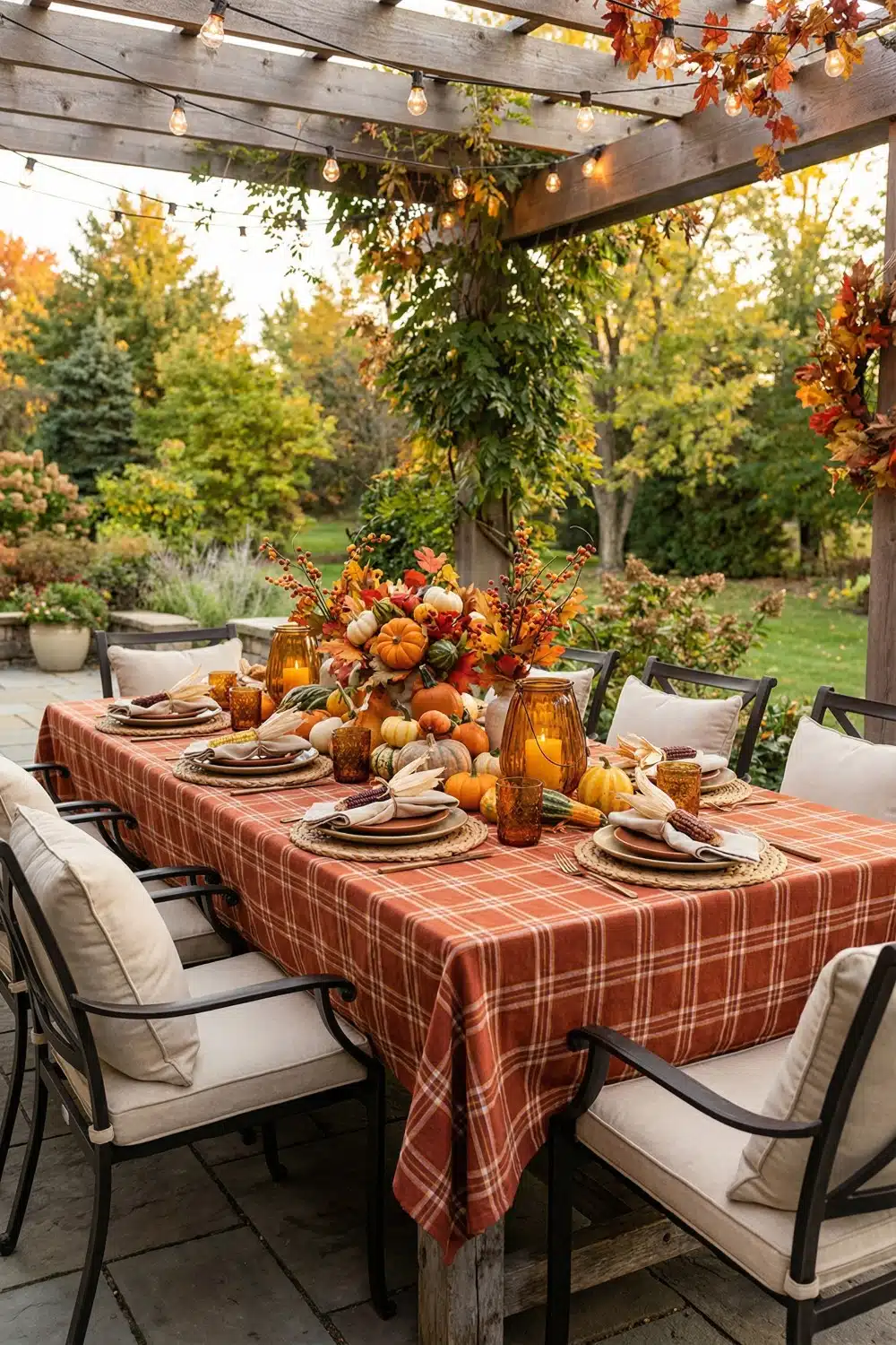 Patio table with plaid tablecloth and harvest pumpkins