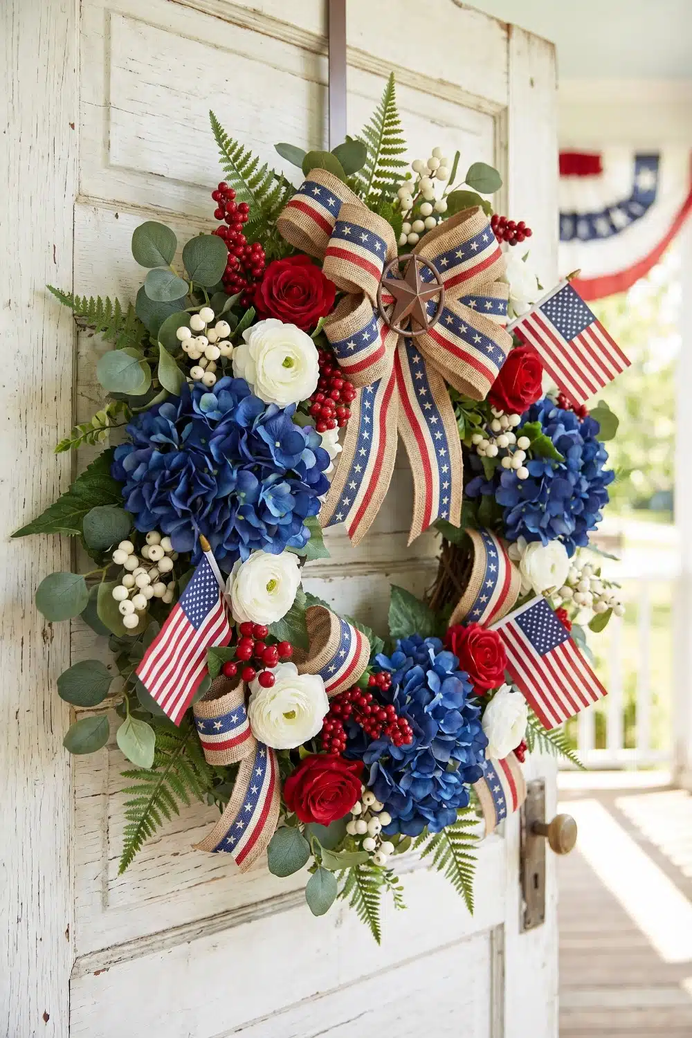 Lush ferns and ranunculus patriotic wreaths for front door