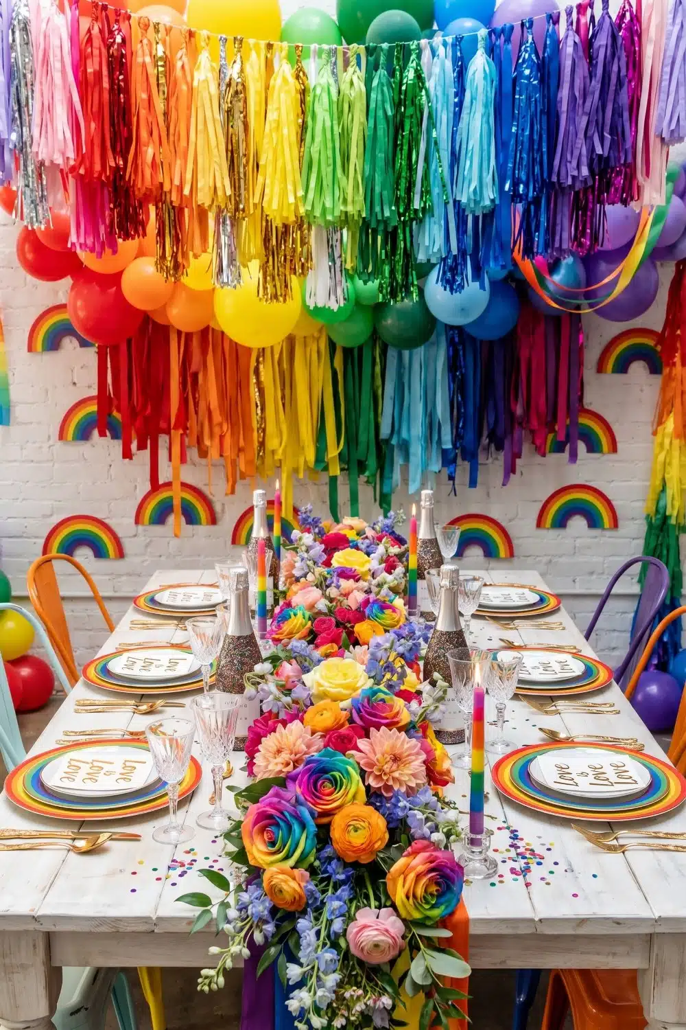 Pride Party Table with Rainbow Rose Runner
