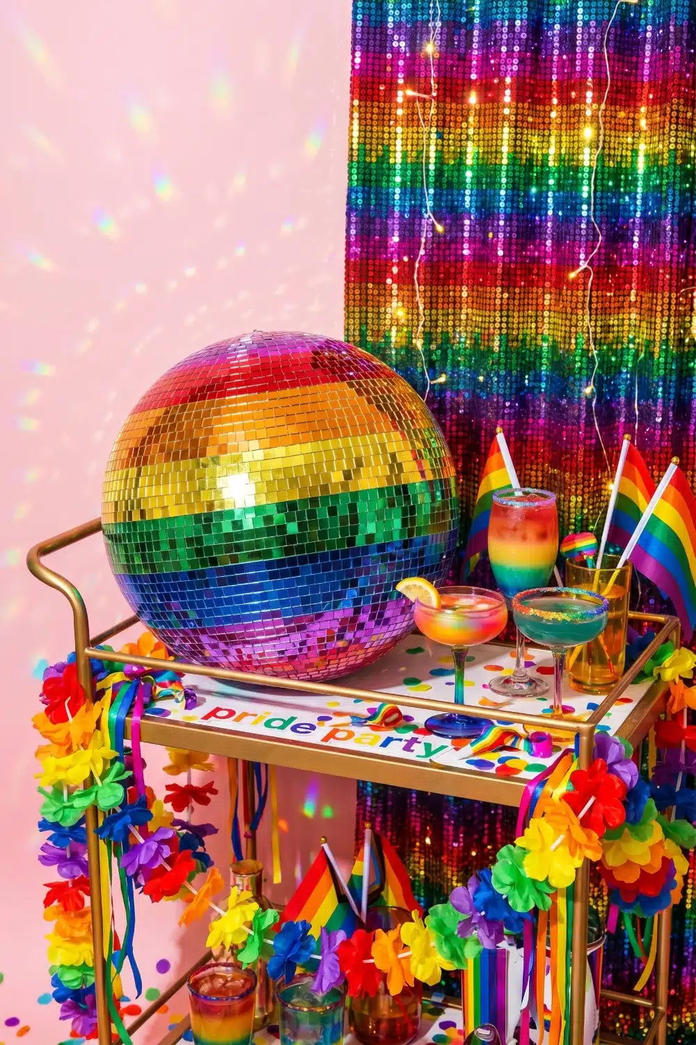 Pride Party Bar Cart with Rainbow Disco Ball