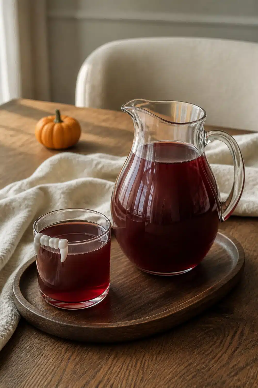 Cherry-red punch in a glass pitcher beside a tumbler with candy fangs on a wooden tray.