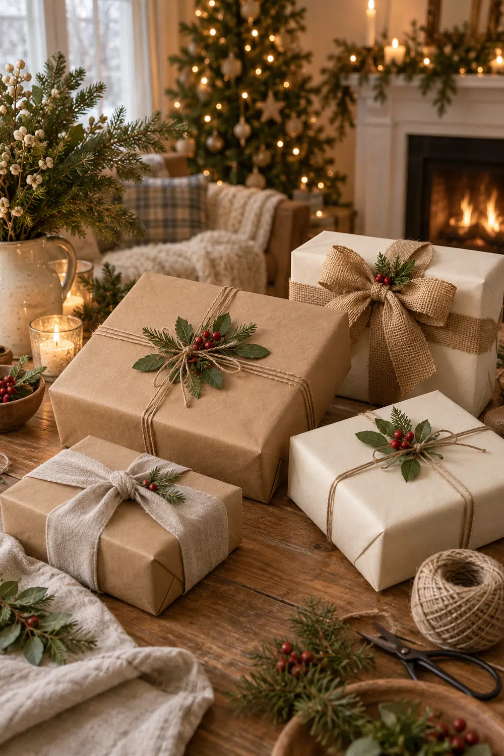 Four Christmas gifts finished with twine and berries, a broad burlap bow and a soft cloth knot