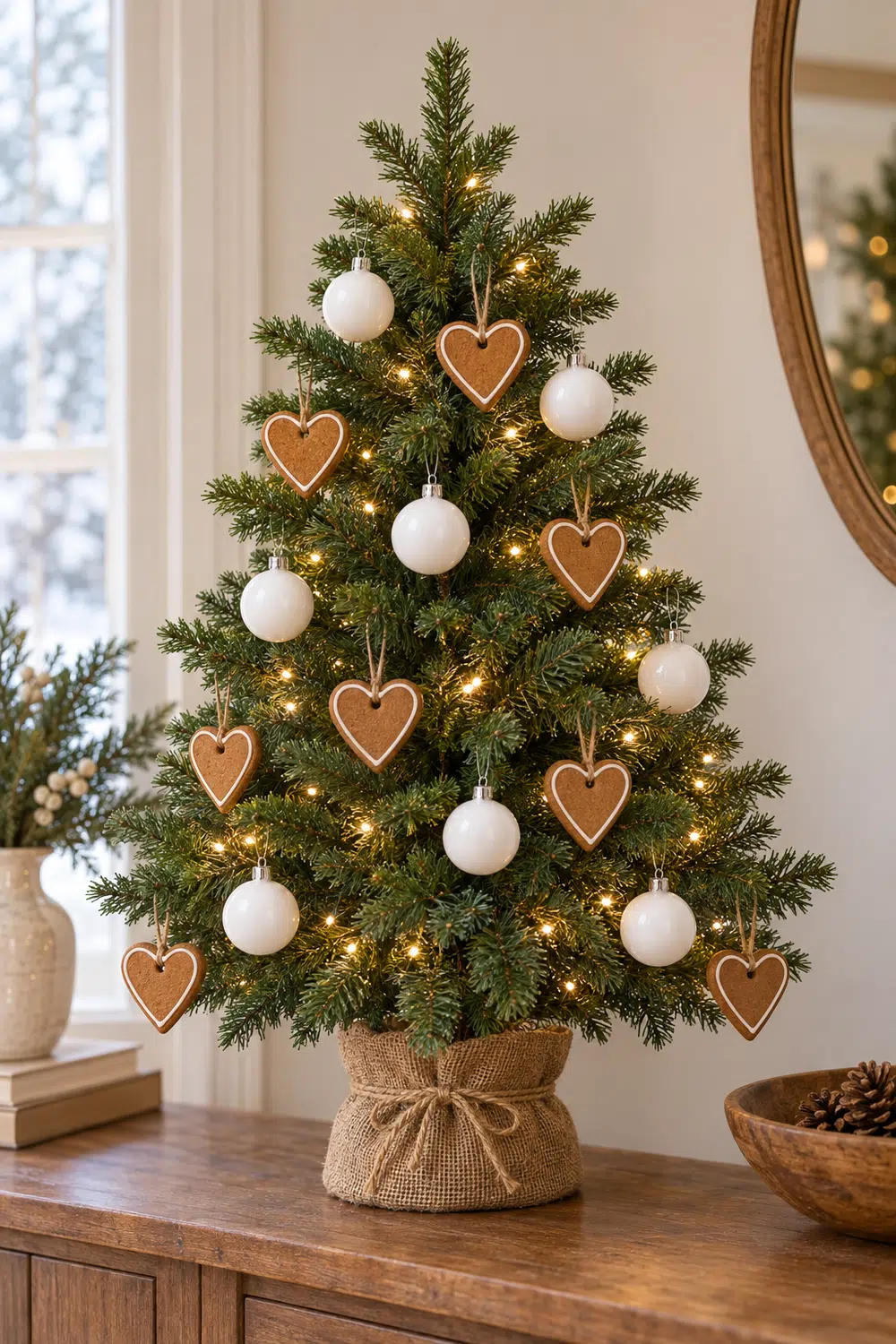 A complete tabletop evergreen tree with outlined gingerbread hearts and white ball ornaments